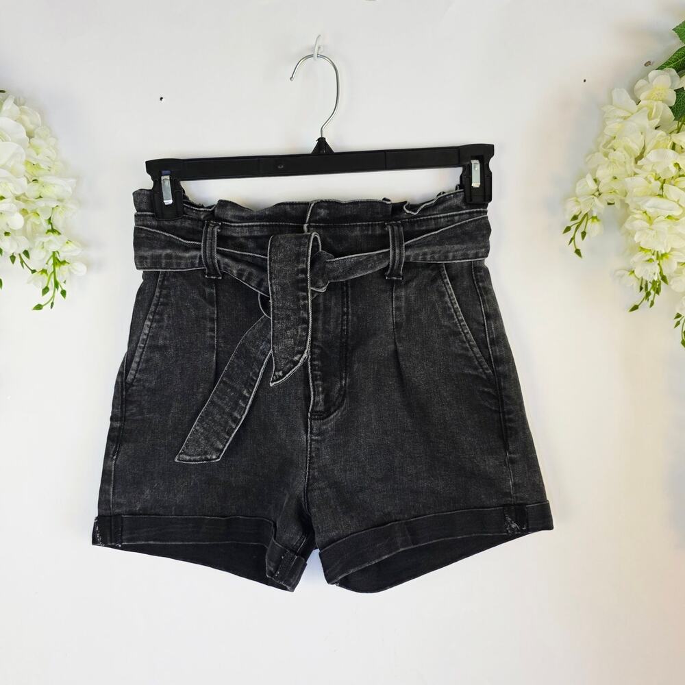 Express Denim Paperbag Shorts Sz 4 Shortie Super High Rise Black Gray Tie Waist